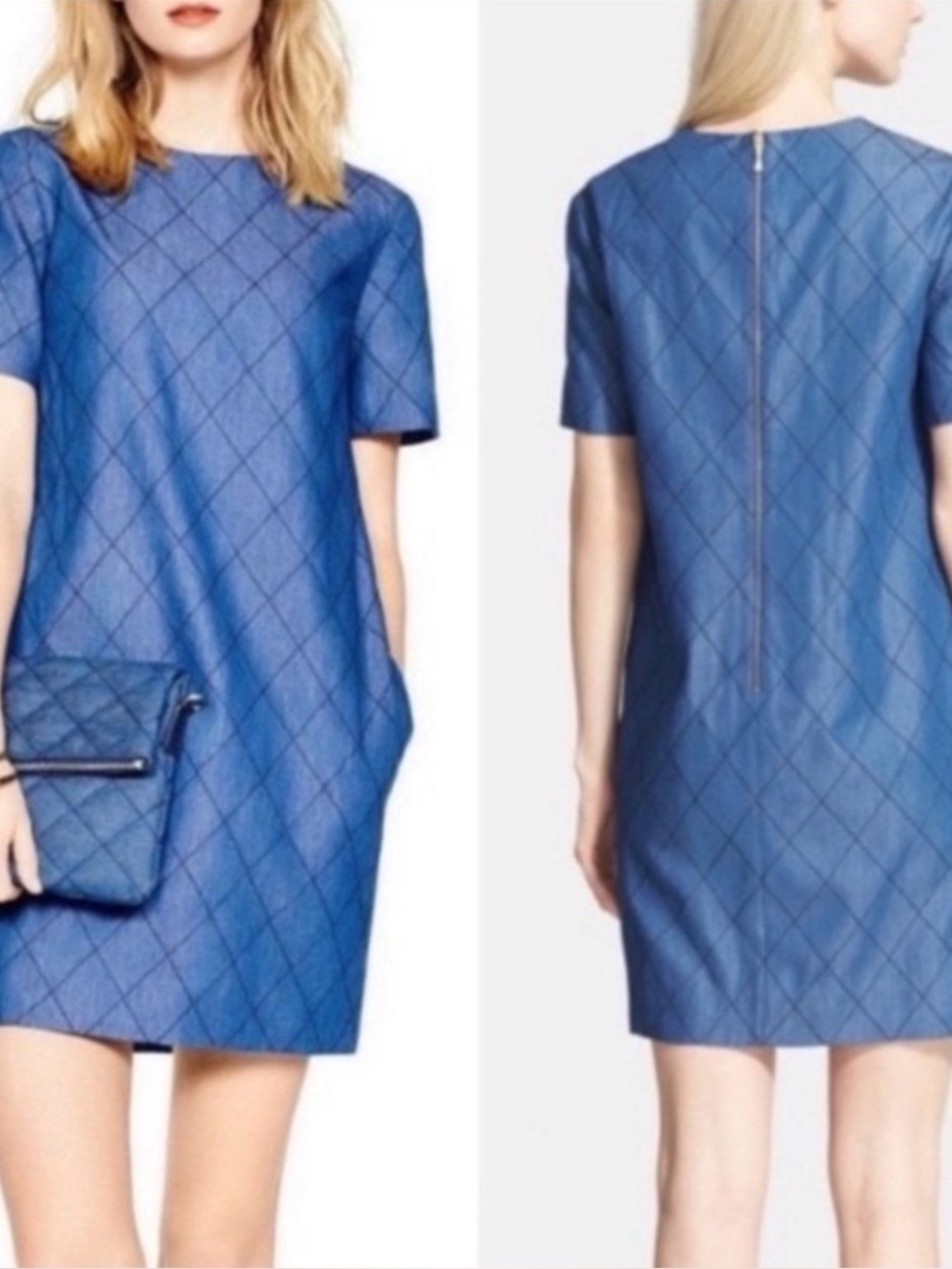 Kate Spade Quilted Chambray Short Sleeve Denim Shift Dress with Pockets